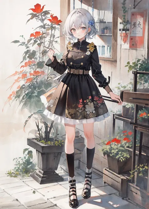 huaniao, [(white background:1.5)::5], 1 girl, mid shot, full body, butterflies, flowers,floating petal,stone fragment, beautiful detailed water,cloud,sun,dusk,sunset,beautiful detailed gate,  <lora:huaniao:1>