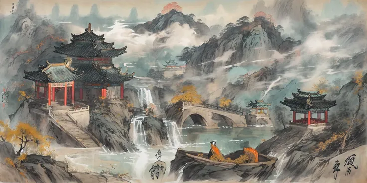 huaniao, [(white background:1.5)::5],chinese style, flowers,((fish)),beautiful detailed water,no humans,surrounded by mountains,mountains,<lora:huaniao:1>
AND huaniao, surrounded by mountains,mountains,smoky,mist rising,
AND huaniao, (((building))),<lora:qing:0.5>,no humans,
AND huaniao, waterfall,beautiful detailed water,
AND huaniao, lake water, lotus flowers and leaves, small boats, pine trees, octagonal stone pavilions, arch bridges,