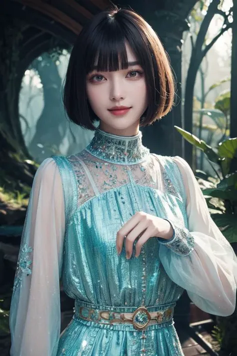 (otherworldly), highly insanely detailed, masterpiece, top quality, best quality, highres, 4k, 8k, RAW photo, (very aesthetic, beautiful and aesthetic), <lora:Ishihama Mei:0.8>, 1girl, solo, smile, bangs, short hair, looking at viewer, long sleeves, upper body, blunt bangs, bob cut, (fantasy world)âââ