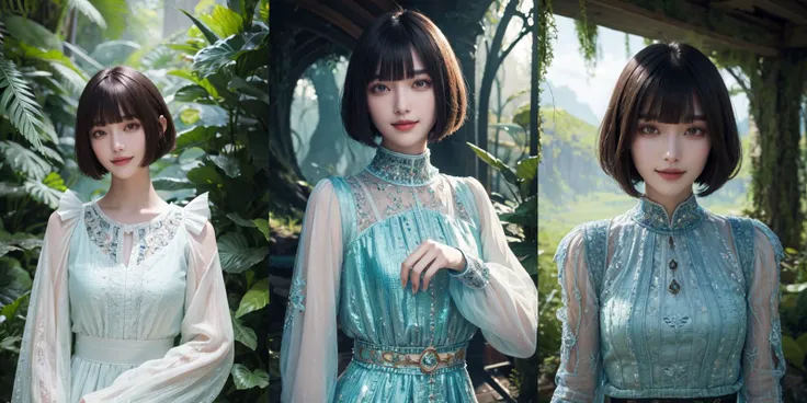 (otherworldly), highly insanely detailed, masterpiece, top quality, best quality, highres, 4k, 8k, RAW photo, (very aesthetic, beautiful and aesthetic), <lora:Ishihama Mei:0>, 1girl, solo, smile, bangs, short hair, looking at viewer, long sleeves, upper body, blunt bangs, bob cut, (fantasy world)âââ