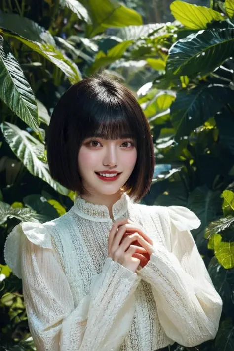 (otherworldly), highly insanely detailed, masterpiece, top quality, best quality, highres, 4k, 8k, RAW photo, (very aesthetic, beautiful and aesthetic), <lora:Ishihama Mei:1>, 1girl, solo, smile, bangs, short hair, looking at viewer, long sleeves, upper body, blunt bangs, bob cut, (fantasy world)âââ