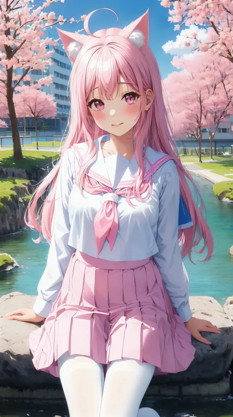 masterpiece, best quality,a girl, solo, skirt, sky, sitting, pantyhose, serafuku, cloud,outdoors, neckerchief ,day, bangs, shirt, ahoge,, long hair, white pantyhose,pink hair, pink school uniform, white sailor collar,pink eyes, sailor collar, pink skirt, pink neckerchief, pink serafuku, animal ears, blue sky,white shirt, looking at viewer, closed mouth,cat ears, white skirt, cloudy sky, pleated,no shoes,pink theme,sakura tree,river,on rock,cherry tree