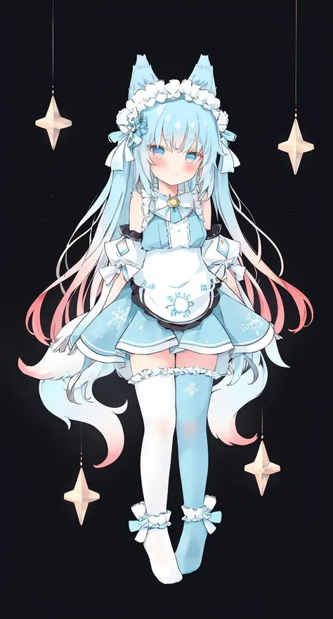 masterpiece, best quality,1 girl,gradient blue longhair,gradient black eyes,fox ears,(blue legwear) ,blue latex,white background,snowflakes,no shoes
Negative prompt: lowres, bad anatomy, bad hands, text, error, missing fingers, extra digit, fewer digits, cropped, worst quality, low quality, normal quality, jpeg artifacts, signature, watermark, username, blurry,bad feet, mutilated body, (own_ hands_ together),long neck, extra limbs,umbrella,coat
Steps: 18, Sampler: DPM++ SDE Karras, CFG scale: 6.5, Seed: 17485491, Size: 448x832, Model: Cu thin line.fp16, Denoising strength: 0.4, Clip skip: 2, Hires upscale: 1.75, Hires upscaler: R-ESRGAN 4x+, Version: v1.4.0