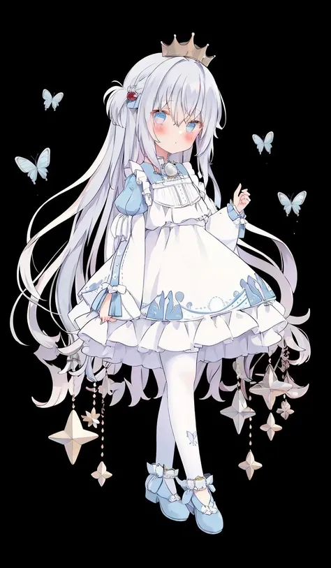 bug, butterfly, 1girl, blue_butterfly, very_long_hair, long_hair, dress, butterfly_on_hand, solo, white_background, white_dress, bangs, hair_between_eyes, white_legwear, long_sleeves, puffy_sleeves, white_butterfly,no shoes
