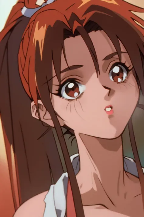 masterpiece, best quality, anime screencap, 1990s \(style\), maishiranui, closeup, 1girl, brown eyes, high ponytail, long hair, red eyes, red hair, retro artstyle, solo <lora:MaishiranuiV1:1>