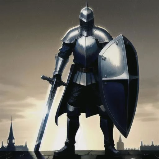 medieval knight, standing in a raining city, holding a large sword, raining, evening, dark, face covered by helmet, scary, holding large shield