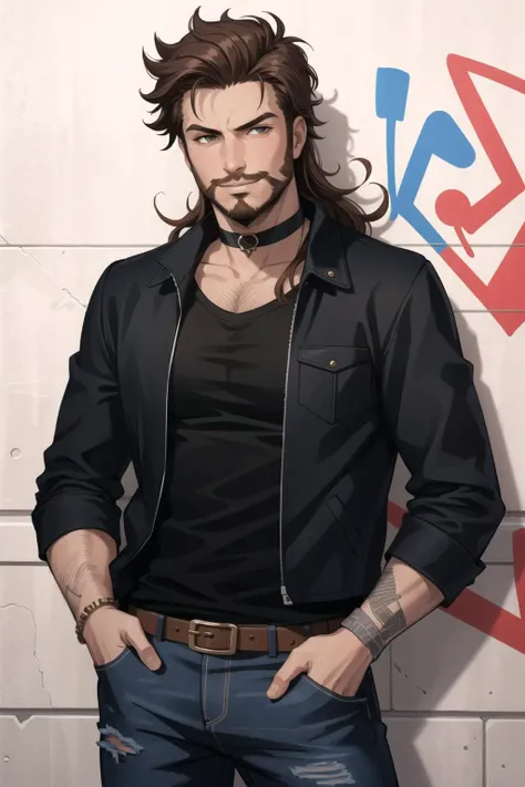 best quality, intricate details, smirk, glare,

1boy, 30 year old man with  brown hair, messy hair, long hair, brown beard, goatee, 

black shirt, ripped jeans, open jacket, choker,

against wall, brick wall, graffiti, dim lighting, alley