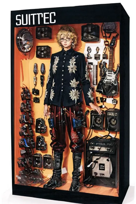 best quality, intricate details,
1boy, <inbox\(ttp\), (8k, RAW photo, best quality, masterpiece:1.2), (realistic, photo-realistic:1.37),1girl, huge breasts, (holding a guitar:1.5), (solo), blonde hair, instrument, guitar, boots, pants, male focus, reference inset, standing, electric guitar, red pants, shirt, full body, microphone, long sleeves, amplifier, looking at viewer, white footwear, holding, realistic, shoes, blue eyes, black shirt, jewelry, fashion, short hair, english text, print shirt, glasses, holding instrument, full body, simple background, <lora:girlInBox_v10:0.8>