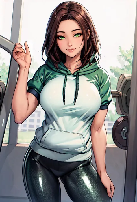 masterpiece, best quality, sharp focus, 1girl, mature female, tall, sagging breasts, large breasts, standing, brown hair, long hair, green eyes, (shiny eyes:1.2), green sports hoodie, yoga pants, gym, smile,  <lora:GoodHands-beta2:1>, <lora:odanon-v1.5newcraft-lora-naivae-128dim-block:0.5>
