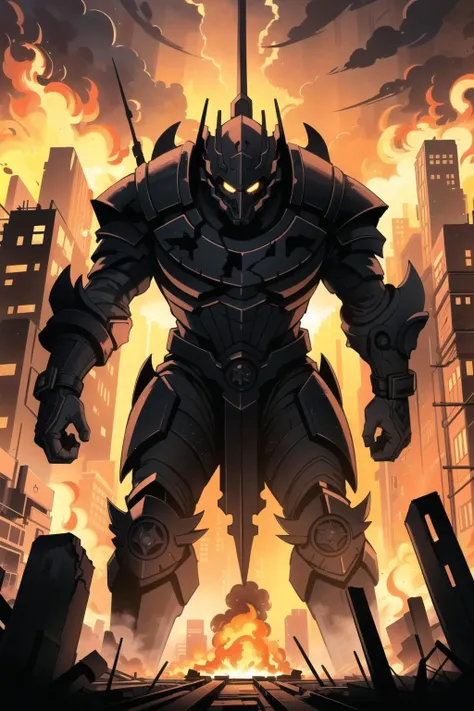 best quality, intricate details,
enraged eternal deity destroying the city, half-giant, war, chaos, ruined and burning cityscape, (dark future), epic battle, lost hope, end of civilization, view from above, best quality