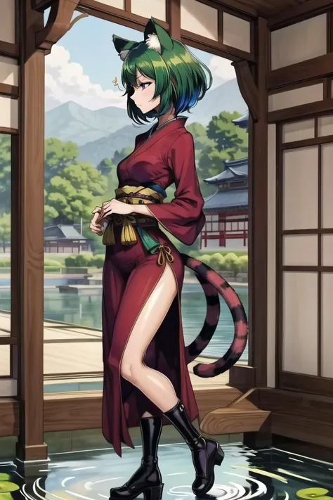 (masterpiece, best quality:1.2), sharp focus,
shiny skin, 1girl, solo,
<lora:motsuaki:1>, motsuaki,
1girl, solo, profile, pond, arch, japanese architecture, dark, dynamic pose, green hair, medium hair, hair over crotch, burgundy eyes, tall, iridescent dress, animal ears, tail, hazel footwear, small breasts, squinting,
<lora:Mild detail adjusterV10:0.5>