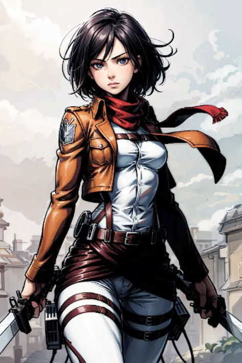 thick outlines, comics, photorealistic, perfect hands, masterpiece:1.2, colorful, 1 girl, solo, dynamic pose, <lora:mikasa_ackerman_v1:0.9>, hmmikasa, short hair, black eyes, scarf, emblem, belt, thigh strap, red scarf, white pants, brown jacket, long sleeves, small breast, holding weapon, sword, dual wielding, three-dimensional maneuver gear, detailed background, detailed face, detailed eyes, <lora:add_detail:0.8>