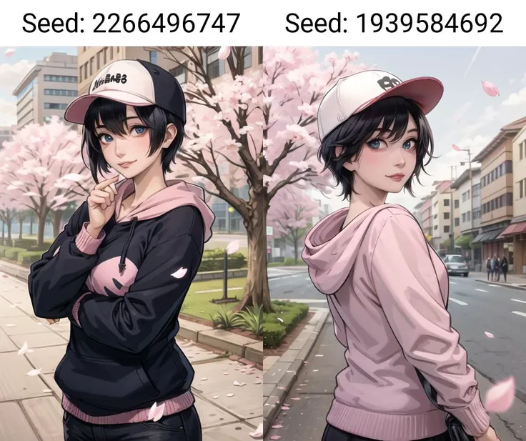 8K , best quality , masterpiece , ultra detailed , photo-realistic ,1girl, solo, short hair, pink hoodie, (cute:1.0) , smiling , (looking at viewer:1.0) , (big eyes:1.0), tomboy, white baseball cap, sakura tree, (sakura petals:1.2), street, (black hair:1.3), blue eyes, <lora:komoshuaiCNCoser_v15:0.9>