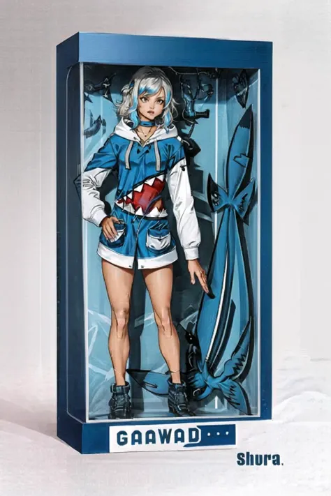best quality, intricate details,
1boy, <inbox\(ttp\), full body, simple background, <lora:girlInBox_v10:0.8>
<lora:gawrGuraHololive_v2:0.8> gawr gura, shark girl, shark tail, shark print, blue hoodie, sharp teeth, animal hood, shark hair ornament,