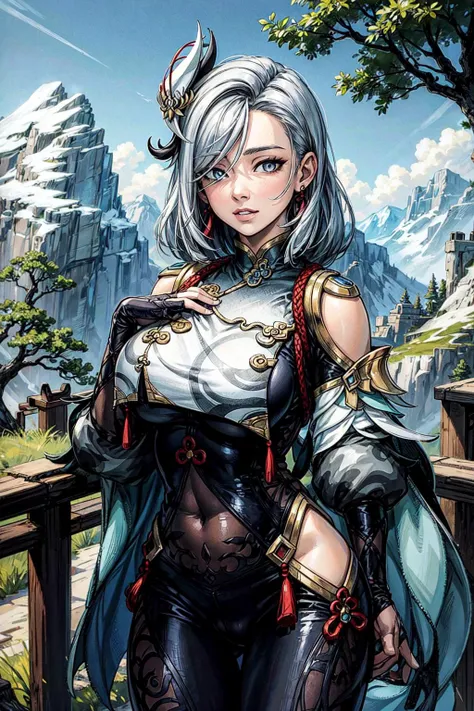 thick outlines, comics, photorealistic, perfect hands, masterpiece:1.2, Chinese, mountain, trees, colorful, 1 girl, solo, <lora:shenhe2:1>, shenhedef, detailed background, detailed face, detailed eyes, <lora:add_detail:0.8>