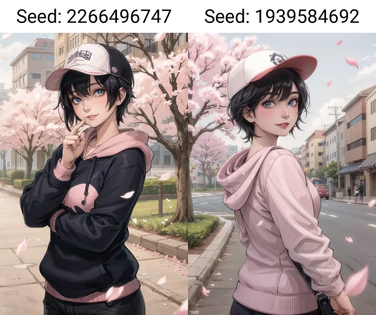 8K , best quality , masterpiece , ultra detailed , photo-realistic ,1girl, solo, short hair, pink hoodie, (cute:1.0) , smiling , (looking at viewer:1.0) , (big eyes:1.0), tomboy, white baseball cap, sakura tree, (sakura petals:1.2), street, (black hair:1.3), blue eyes, <lora:komoshuaiCNCoser_v15:0.9>