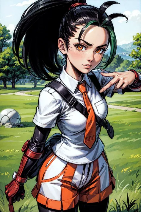 thick outlines, comics, photorealistic, masterpiece:1.2, 1girl, solo, holding pokeball, <lora:nemona pokemon by Goofy Ai:0.8>, nemona, ponytail, collared shirt, short sleeves, left glove, orange shorts, orange necktie, tights, university, school, outside, grass, detailed background, detailed face, detailed eyes, <lora:add_detail:0.7>