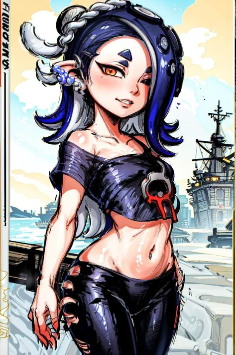 thick outlines, comic, photorealistic, masterpiece, ship docks, Ink splatter, 1 girl, solo, wide hips, splatoon, <lora:splatoonall2-000008:0.7>, (shiver:1.3), tentacle hair, small breast, detailed background, detailed face, detailed eyes, <lora:add_detail:0.5>