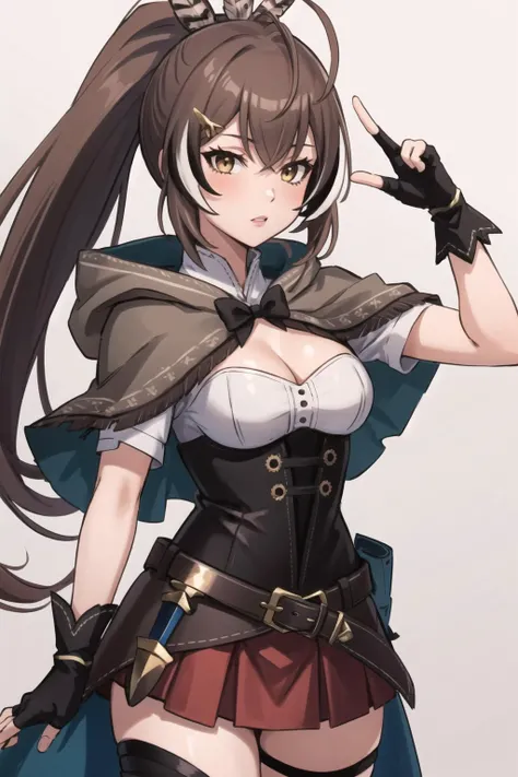 best quality, intricate details,
1girl, <lora:nanashiMumeiLora_v1:0.8> nanashi mumei, shirt, corset, cleavage cutout, red skirt, single thighhigh, cloak, ribbon, ponytail, very long hair, hairclip, feathers, knife, belt, partially fingerless gloves,