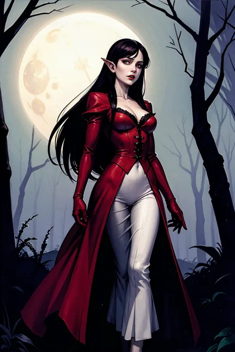 a beautiful vampire walking in the woods. moonlight.