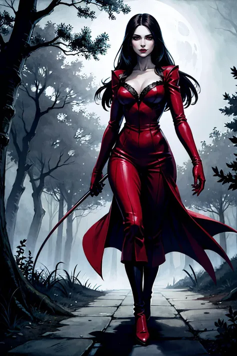 a beautiful vampire walking in the woods. moonlight.