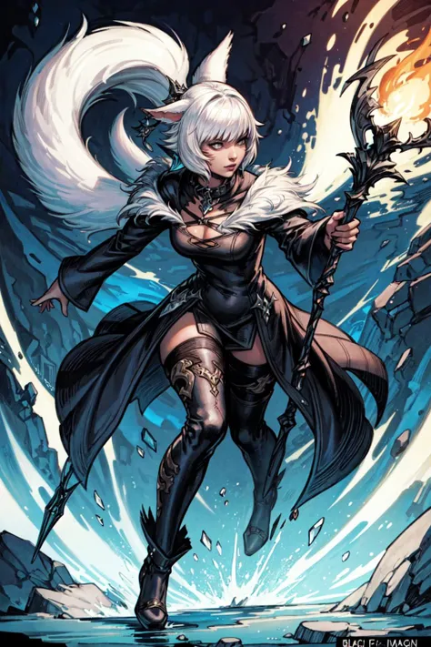 thick outlines, comics, photorealistic, 1girl, solo, holding a witch staff, full body, dynamic pose, fire and ice magic, <lora:YshtolaV4-6:0.6>, (y'shtola), (miqo'te), ffxiv, final fantasy xiv, black mage, black dress, feathered collar, feather hair ornament, outdoors, detailed background, detailed face, detailed eyes, <lora:add_detail:0.7>