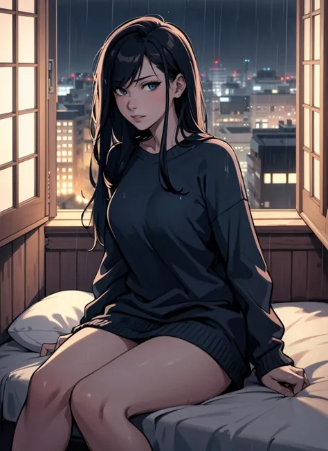 masterpiece, best quality, 8k, artstation, wallpaper, official art, splash art, sharp focus, beautiful woman, wearing comfy clothes. sitting by window, looking out window, at night. rainy night. ((in cozy bedroom)), (solo)