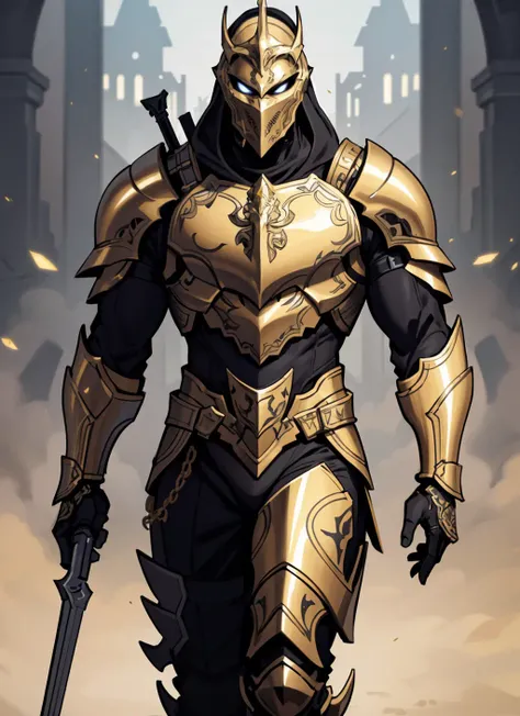 masterpiece, best quality, 8k, artstation, wallpaper, official art, splash art, sharp focus, an armored male paladin. black armor, gold accents. intricate, elegant, (solo)