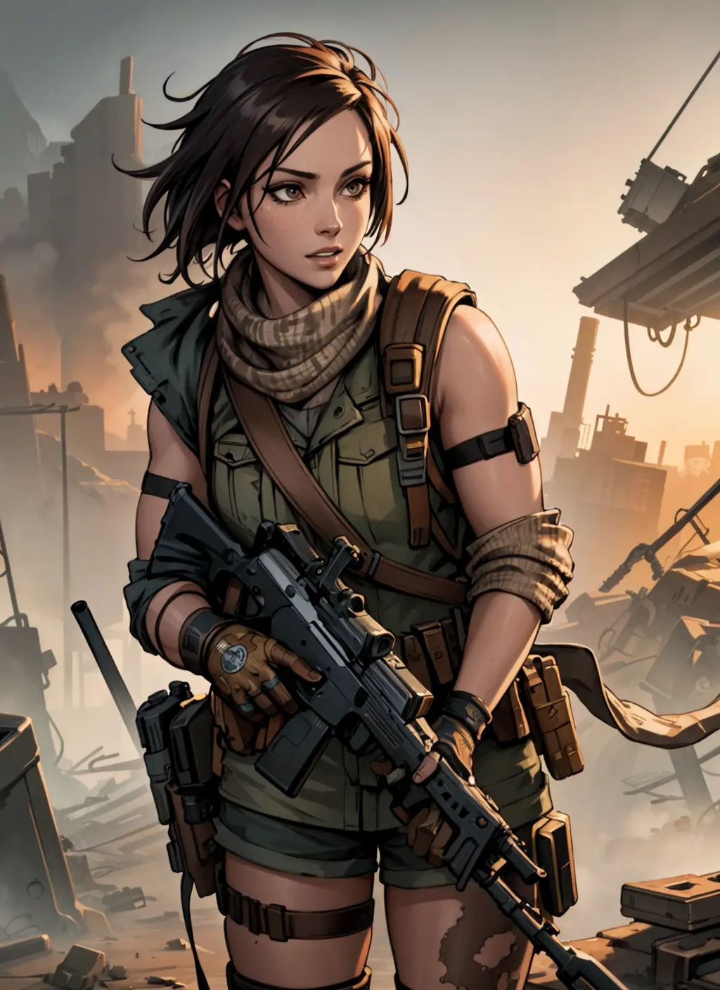 masterpiece, best quality, 8k, artstation, wallpaper, official art, splash art, sharp focus, beautiful woman, in post-apocalyptic wasteland. wearing survivor gear, (solo)