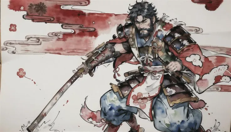 Kentaro Miura, 2d, shukezouma, ((dynanic pose)), fighting, warrior, ink painting, shuimobysim , bamboo, ((nature)), (negative space), clean background, ((watercolor)), on (((parchment))), ancient, far shot, masculine, ancient china art, hanfu, beard, man, ((drawing katana)), katana, sword, ((wearing Japanese samurai armor)), blue and green ink, <lora:Moxin_Shukezouma:.9> <lora:Moxin_1010:0.8> <lora:animeLineartMangaLike_v30MangaLike:.6>