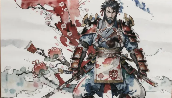 Kentaro Miura, 2d, shukezouma, ((dynanic pose)), fighting, warrior, ink painting, shuimobysim , bamboo, ((nature)), (negative space), clean background, ((watercolor)), on (((parchment))), ancient, far shot, masculine, ancient china art, hanfu, beard, man, ((drawing katana)), katana, sword, ((wearing Japanese samurai armor)), blue and green ink, <lora:Moxin_Shukezouma:.9> <lora:Moxin_1010:0.8> <lora:animeLineartMangaLike_v30MangaLike:.6>