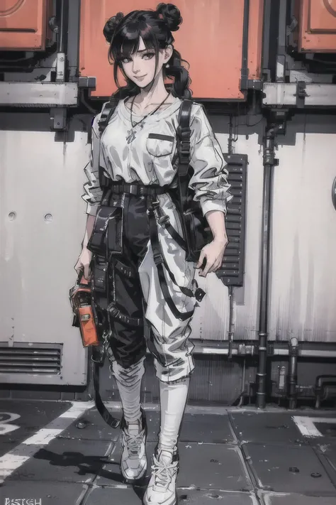 (masterpiece, best quality:1.4), (beautiful, perfect, delicate, detailed, intricate, aesthetic:1.2), hyper realistic, photorealistic, beautiful lighting, cinematic shot, cinematic lighting, cinematic bloom, looking at viewer, beautiful clean face, fullbody, 1girl, perfect female form, (perfect face, glossy lips), wearing black techwear jacket and orange trousers with buckle and tape, (crystal necklace), posing for a picture, (red braided bun), long legs, big happy warm smile, carrying a white backpack, on the street, <lora:urbansamuraiv3testing:1>