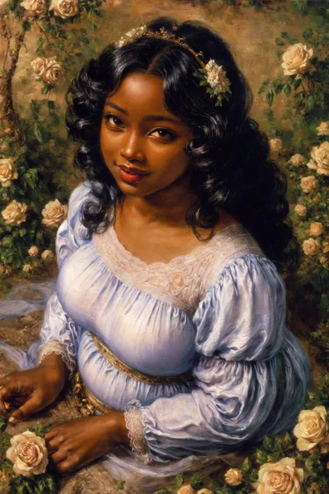 portrait of a young duchess,  ((portrait)),  (((dark-skinned female))),  (((dark-skin))),  (((very dark-skin))),  ((fat)),  ((plump)),  ((overweight)),  ((long hair)),  ((curly hair)),  ((big hair)),  ((full lips)),  ((curvy)),  ((masterpiece)),  ((wearing a wide,  billowed sleeve,  cream-colored empire waisted frilly fluffy dress)),  ((intricate details)),  ((african)),  ((coily hair)),  ((noble lady)),  ((posing for a portrait)),  ((masterpiece)),  ((oil painting)),  ((fantasy romance book cover)),  ((roses)),  ((delicate)),  ((looking at the viewer giggling)),  ((pretty)),  ((sitting in a flower field)),  ((looking from above)),  ((full body)),  ((smiling)), <lora:EMS-13232-EMS:0.800000>, , <lora:EMS-179-EMS:0.800000>, , <lora:EMS-13984-EMS:0.500000>