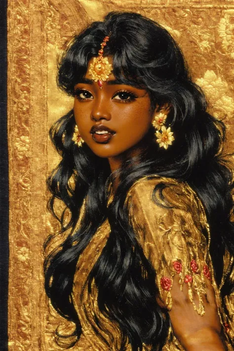 (((very dark-skin))), (((dark skin))), (((dark-skinned female))), ((chubby face)), ((fat face)) ((plump)), ((fat)), ((chubby)), (((embroidered cream-colored flowy peasant saree))), ((curly hair)), ((big hair)), (((long hair))), ((chubby face)) ((fat face)), ((round face)), ((chubby)), (((long hair))), ((dark skin)), freckles, (((black hair))), ((black-colored eyes)), (((ebony-skin))), ((very dark ebony skin)), ((big full lips)), ((freckles)), blushing, ((villager)), ((plain-faced)), ((saree)), ((hindu mythology)) ((lotus flower)), ((servant)) ((detailed background)), ((detailed backdrop)), (((masterpiece))), ((african)), ((epic fantasy cover)) ((delicate)), ((tang dynasty)) ((retro manga)), ((vintage)), ((big hair)), ((retro)), (((bollywood))), (((folk dancing))), ((giggling)), ((big eyes)), masterpiece, <lora:EMS-13984-EMS:0.800000>