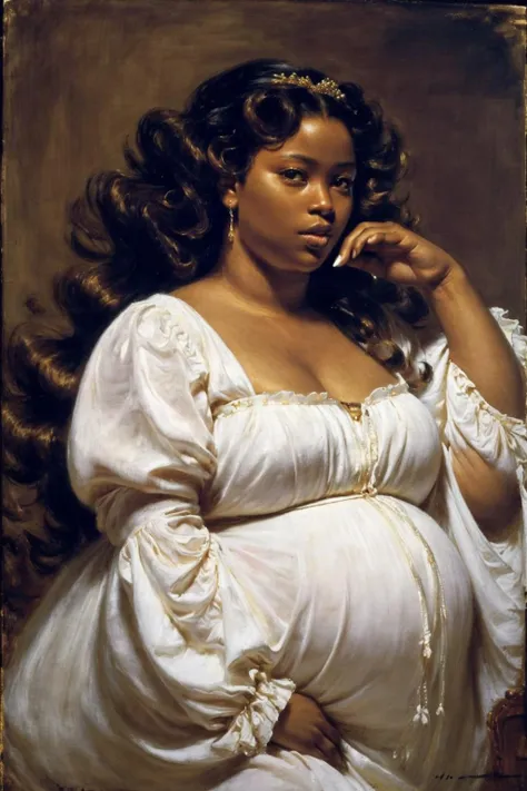 ((portrait)), ((dark-skinned female)), ((dark-skin)), ((very dark-skin)), ((fat)), ((plump)), ((long hair)), ((curly hair)), ((big hair)), ((full lips)), ((curvy)), ((fat face)), ((chubby face)), ((masterpiece)), ((wearing a billowed sleeve, cream-colored frilly dress)), ((masterpiece)), ((african)), ((coily hair)), <lora:EMS-13232-EMS:0.800000>, , <lora:EMS-53597-EMS:0.800000>