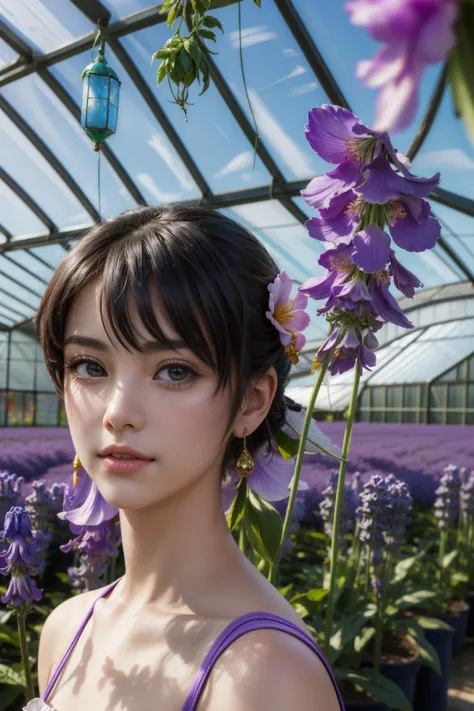 1girl, masterwork Pencil painting, fairy tale, close-up shot of a Tough [Heavenly:Aggravated:7] Lavender Thai Chinese ([Duomo di Milano:Greenhouse:4]:1.3) , it has ornate details, it is made from Carnation, complex electric blue background, crowded flower field and Gravity well in background, at Midday, soft focus, Cel shading, Surprising, Medieval art, short lighting, Depth of field 100mm, Single Color, Golden ratio, biomorphic forms, professional, 8K