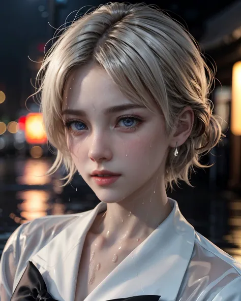 model shoot style, (extremely detailed CG unity 8k wallpaper:1.10), close up portrait photo of the most beautiful artwork in the world, (sailor uniform, wet clothes:1.10), (messing hair, hair wet, shiny skin, wet body:1.10), (rainy:1.2), street, neon street light, professional lighting, photon mapping, radiosity, physically-based rendering, cinematic lighting, intricate, High Detail, Sharp focus, dramatic, photorealistic, beautifully face, body perfect, beautiful background, bra, silk, good hands, detailed eyes, white hair, white