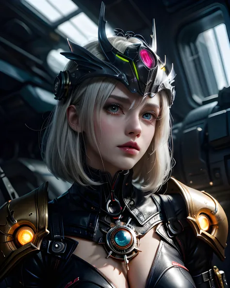 masterpiece, best quality, highres, ray tracing, intricate details, highly detailed, mechanical doll girl, artificial, white hair, (mechanical eyes:1.1), detailed face, fantasy futurism, steampunk, glowing lights, mechanical full helmet, fantasy futuristic city, IvoryGoldAI
