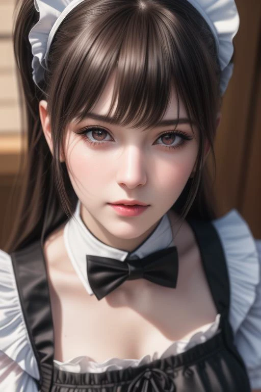 (masterpiece, best quality, ultra realistic,32k,RAW photo, 8k uhd, dslr, high quality, film grain:1.5),
The image showcases a detailed digital rendering of a female character with long brown hair, red eyes, and pale skin. She is adorned in a black and white maid outfit, complete with ruffled details and a bowtie. The artwork appears to be highly realistic, with meticulous attention to facial features, hair strands, and clothing textures. The style is reminiscent of Japanese anime or manga.