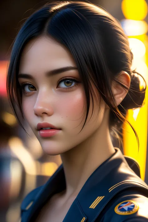 1girl, 8k Digital art, charming, Street level shot of a Fascinating Figural fit Archean (Female Gunnery Sergeant:1.3) , she has Layered hair, from inside of a Shimmering Chichen Itza, crowded city street with Fern, Sun in the sky, Very wide view, Cosy, Britpop, Nostalgic lighting, Low shutter, Yellow and DayGlo orange neon hue, Double Exposure, Space and [Magic|Water], freckles, natural skin tones, masterpiece, highly detailed, (designed by Sana Takeda:1.1) , (Richard Parkes Bonington:0.9) , (Eugène Girardet:1.2)