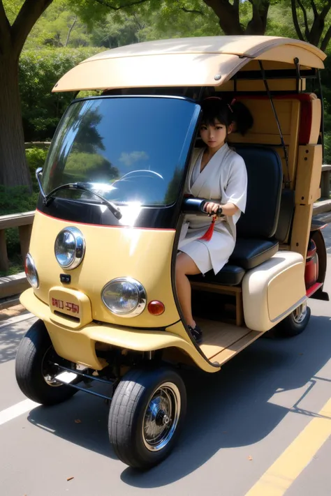 1girl, Samurai ([Tuk-tuk:Black oak:4]:1.1) , the Tuk-tuk is very Selfish and Messy, it is engraved with Crystal and electric red details, it is with White details