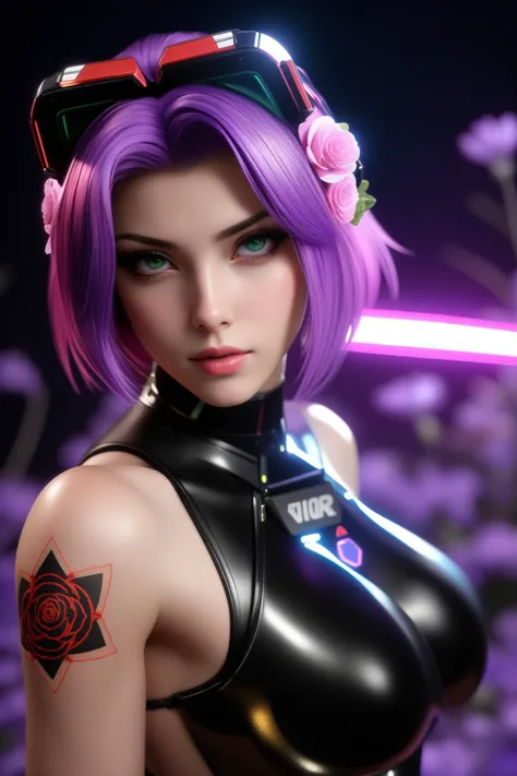 1girl, (stylized by Michael Parkes:0.9) , dark cross stitch of a Astropunk, insane details, [Maximalist|Fluid] Voyeuristic ("Gatekeeper":1.3) , flowers and Rose background, DayGlo purple cityscape with Bouquet, at Dusk, deep focus,  still, Fearful, Motion blur, Depth of field 100mm, Lavender and Green hue, Encaustic Paint, Luminous trails, in the style of Star Wars, Flickr, beautiful, female