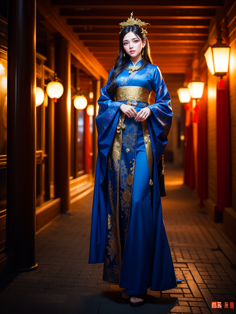 A woman in a blue dress standing in a hallway - SeaArt AI