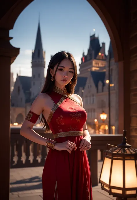 best quality, masterpiece, highres, 1girl,china dress,Beautiful face,upon_body, tyndall effect,photorealistic,atmospheric perspective, dark studio, rim lighting, two tone lighting,(high detailed skin:1.2), 8k uhd, dslr, soft lighting, high quality, volumetric lighting, candid, Photograph, high resolution, 4k, 8k, Bokeh,with a sinister castle looming in the distance,