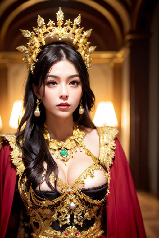 ultra realistic 8k cg, picture-perfect face, flawless, clean, masterpiece, professional artwork, famous artwork, cinematic lighting, cinematic bloom, perfect face, beautiful face, beautiful eyes, ((perfect female body, narrow waist)), red black hair, red eyes, gorgeous queen, royal, divine, goddess, godlike, (royal palace), fantasy, dreamlike, unreal, science fiction, huge breasts, beautiful clothes, lace, lace trim, lace-trimmed legwear, nsfw, breasts out, absurdly long hair, very long hair, (rich:1.4), prestige, luxury, jewelry, diamond, gold, pearl, gem, sapphire, ruby, emerald, intricate detail, delicate pattern, sexy, charming, alluring, seductive, erotic, enchanting, hair ornament, necklace, earrings, bracelet, armlet