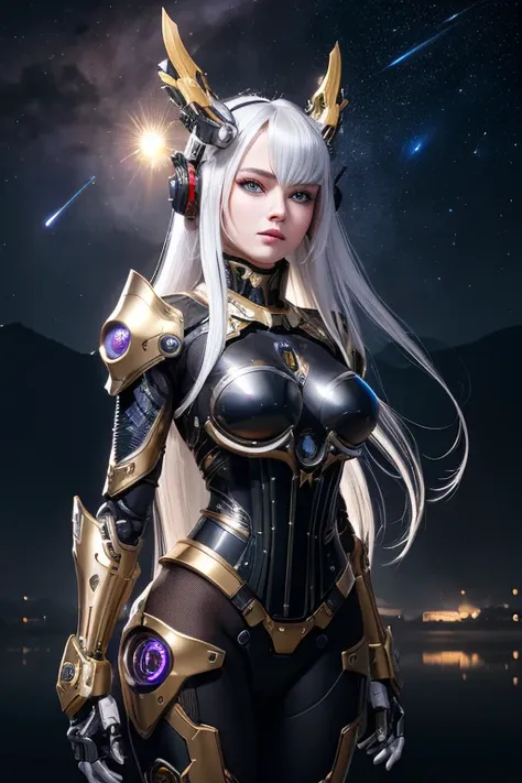 masterpiece,best quality,ultra-detailed,very detailed illustrations,extremely detailed,intricate details,highres,super complex details,extremely detailed 8k cg wallpaper,cowboy shot, caustics,reflection,ray tracing,demontheme,nebula,dark aura,cyber effect, (1girl:1.4),solo,alone,mecha musume,mechanical parts, robot joints,single mechanical arm, headgear, mechanical halo,star halo,intricate mechanical bodysuit, mecha corset, kimono, full armor, very long hair,white hair, hair between eyes, multicolored hair, colored inner hair, red eyes,glowing eye,eye trail, random expressions,random action, ancient japanese architecture,pond, starry sky,skyline,