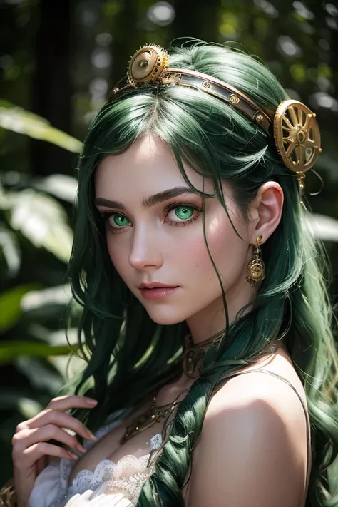 Capture an evocative close-up portrait of an (emotional:1.3) steampunk wiccan with intense ((intricate green eyes)) and messy wavy green hair, wearing a long white dress made of cotton, surrounded by leaves elementals, near to a river, in a magical forest, highlighting her intricate attire and expressive facial features, ((small chest)), ((perfect hands)), make-up, relaxed, pensive. Her piercing ((green eyes)) should evoke a sense of compassion. The wiccan should wear elaborate Victorian-era garments adorned with mechanical gears, cogs, and steam-powered devices, embodying the essence of steampunk. Create a captivating atmosphere by blending the lush greenery of the magical forest with complex industrial machinery. Use a high-end camera, such as a Nikon D850, with an 85mm f/1.4 lens to achieve a shallow depth of field, focusing sharply on the sorceress's face while softly blurring the background. Illuminate the scene with dynamic, chiaroscuro lighting that emphasizes the harmonious fusion of nature and technology, reminiscent of masterful works seen on ArtStation and CGSociety. (((photorealism)))