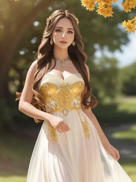 full-length photo Of A Beautiful Woman, Unique Dress, Vibrant, Depth of field, In Beautiful Dress, (( Natural Light)), (( Sunny Day )),(( Beautiful Clear Brown Eyes )), long Brown Hair, (( Unique Hair Ornament )), In Centre, (( Photorealistic )), DSLR, Highly Detailed, 4k, Extreme Details, Realistic, (( Wide Shot )), full-length photo, full-body shot