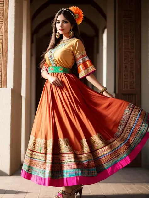full-length photo Of A Beautiful Woman, Indian - Mexicans - Egyptian - Western - Japanese - French Mixed Full Sleeve Clothing, Vibrant, Depth of field, In Beautiful Dress, (( Natural Light)), (( Sunny Day )),(( Beautiful Clear Brown Eyes )), long Brown Hair, (( Unique Hair Ornament )), In Centre, (( Photorealistic )), DSLR, Highly Detailed, 4k, Extreme Details, Realistic, (( Wide Shot )), full-length photo, full-body shot, Unique Design Patterns, Indian Design Pattern, Floral Pattern Indian Style, (( colorful )), ((( Fashion Poses ))), Fashion Designs