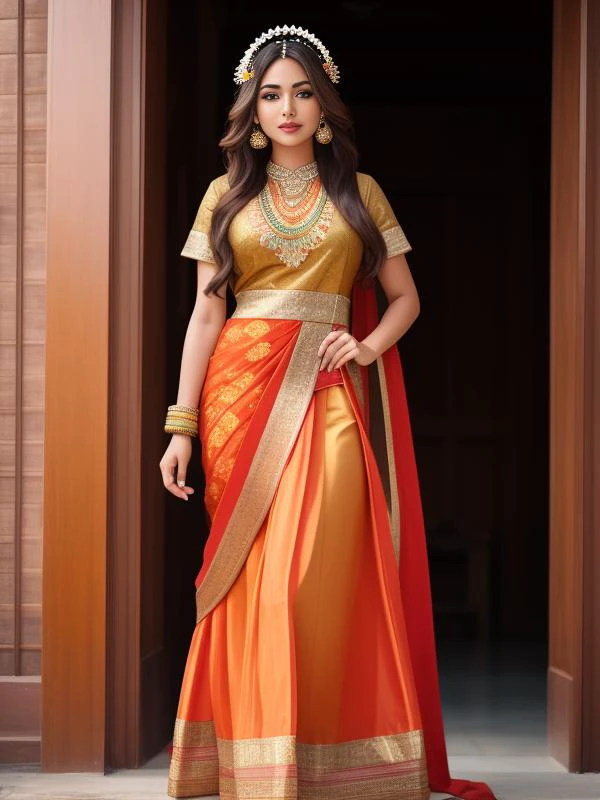 full-length photo Of A Beautiful Woman, Indian - Western - Thai Mixed Dress, Vibrant, Depth of field, In Beautiful Dress, (( Natural Light)), (( Sunny Day )),(( Beautiful Clear Brown Eyes )), long Brown Hair, (( Unique Hair Ornament )), In Centre, (( Photorealistic )), DSLR, Highly Detailed, 4k, Extreme Details, Realistic, (( Wide Shot )), full-length photo, full-body shot, Unique Design Patterns, Indian Design Pattern, Floral Pattern Indian Style,